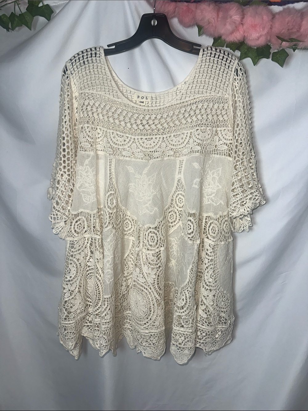 POL Cream Crochet Lace Tunic Top
